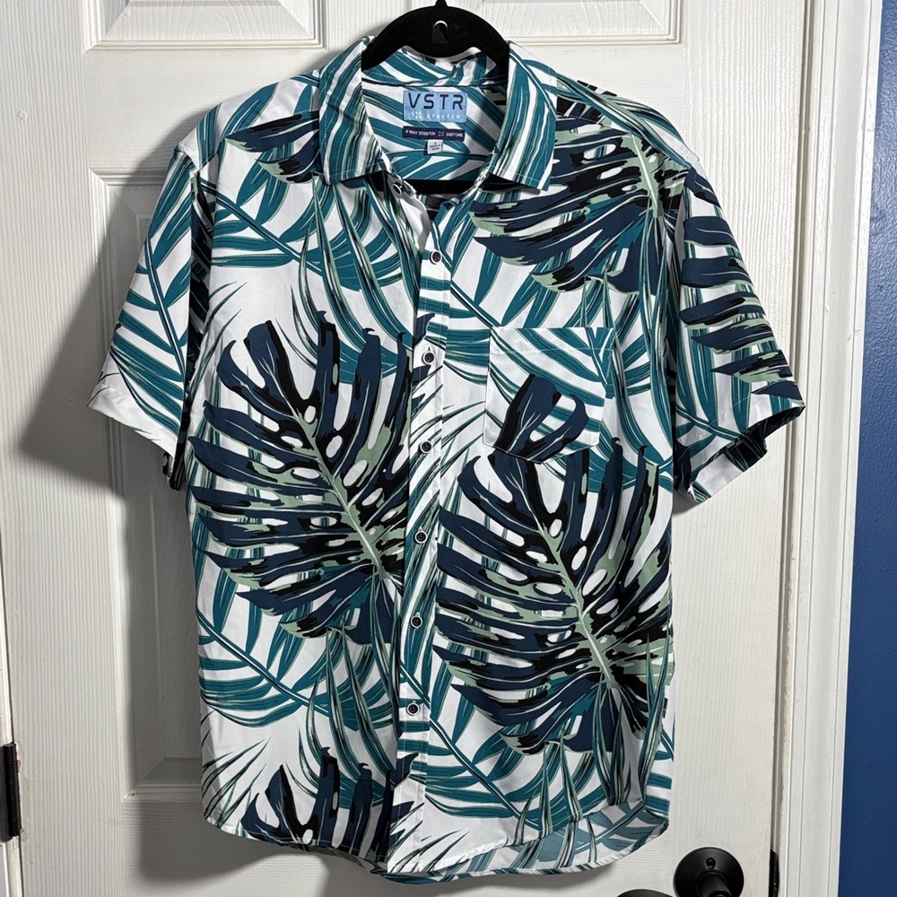 VSTR Mens Tropical Leaf Print Stretch Resort Wear Button down Shirt L